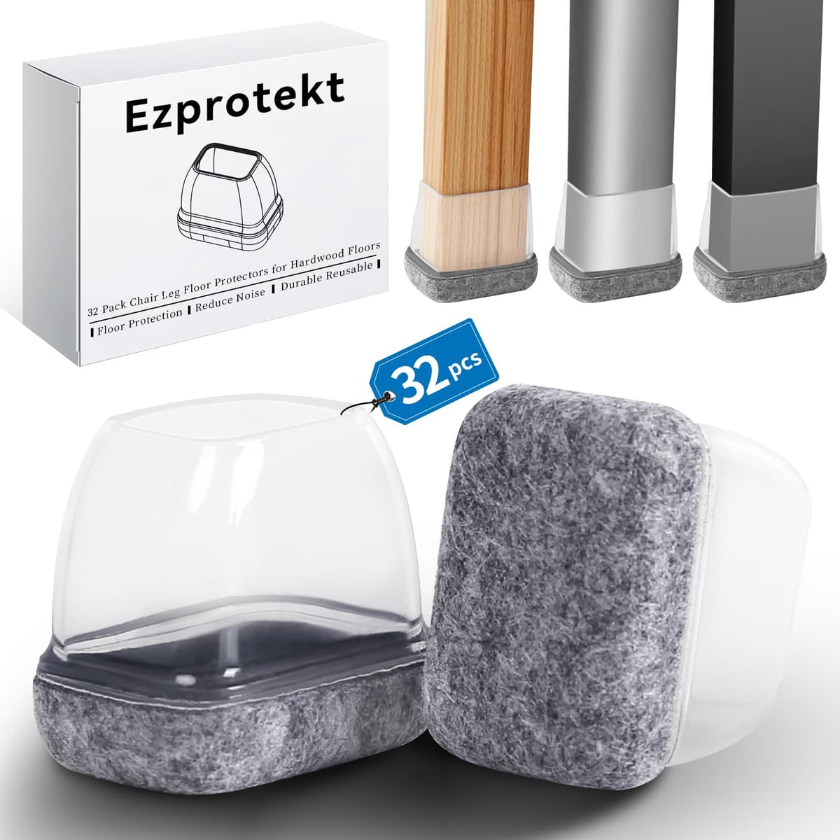 Ezprotekt Protectores de Suelo Transparentes para Patas de Silla 20-28mm, 16 Tapones de Silicona con Fieltro Envuelto, Fundas de Silicona Redondo — view 54