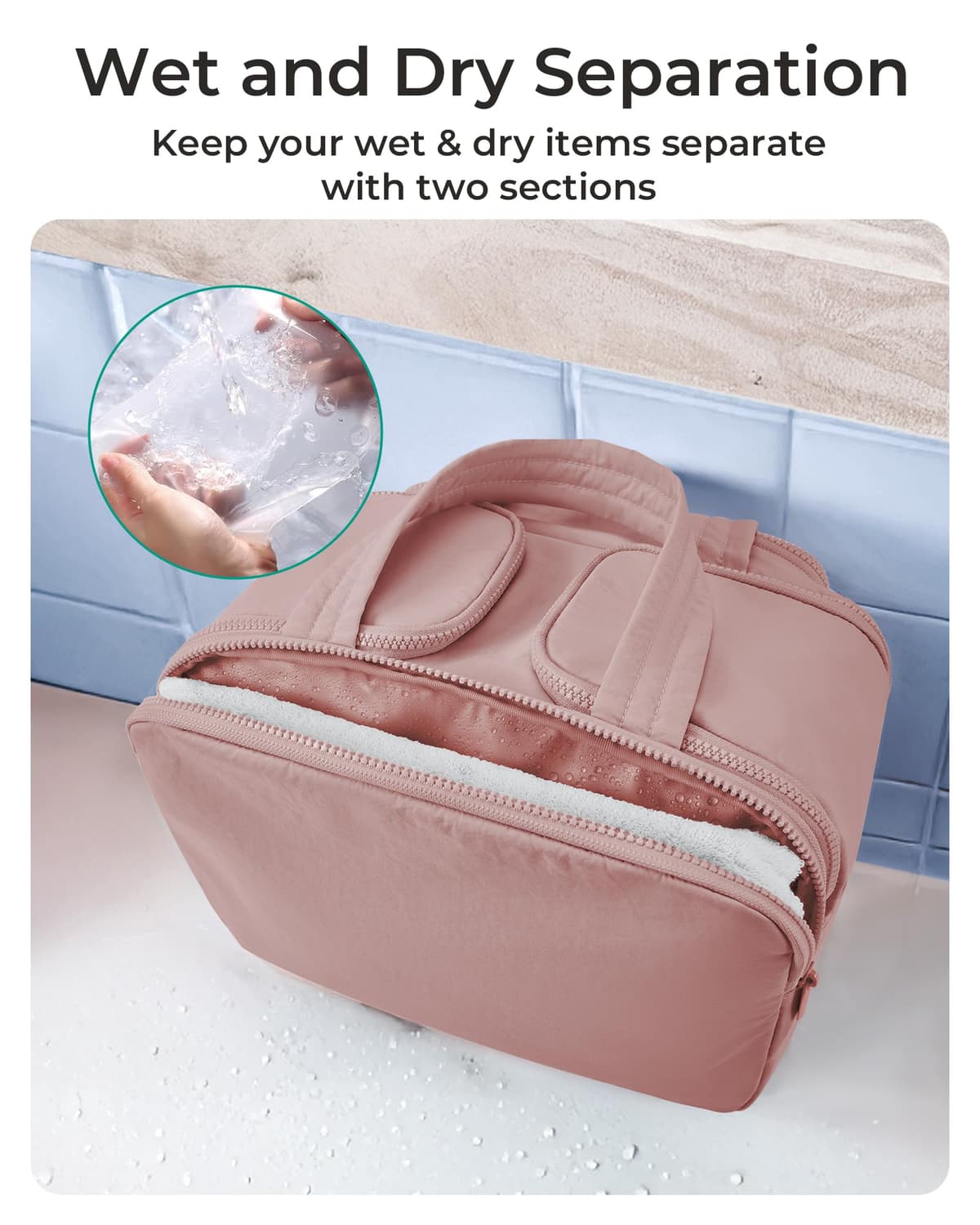 BAGSMART Large Toiletry Bag Travel Makeup Bag, 2 Full Open Upright Compartments, Cosmetic Wash Bag with Wet & Brushes Pocket, Essentials Accessories for Women, Dark Pink — view 4