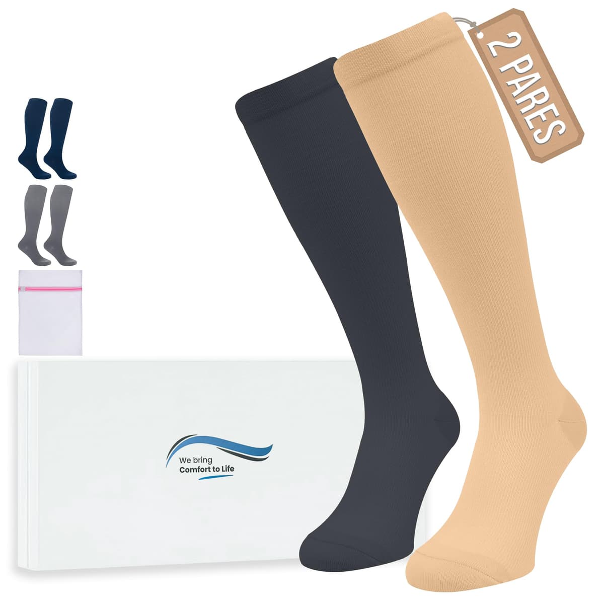 360 Relief Medias de Compresión Mujer y Hombre - 1 Par Calcetines de Compresión para Deportes, Correr, Volar, Viaje, Trabajo, Footing - S/M Beis con Bolsa de Malla — view 40
