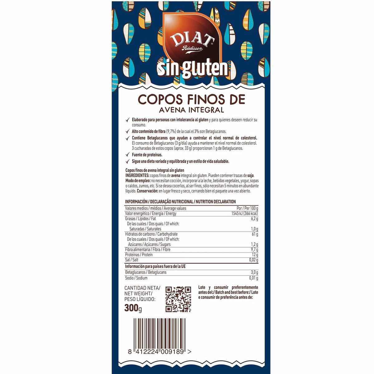 DIAT Radisson - Copos Finos de Avena integral Sin Gluten | Alto Contenido en Fibra | Rico en Betaglucanos | Bajo en Grasas Saturadas | Sin Azúcares añadidos — view 2