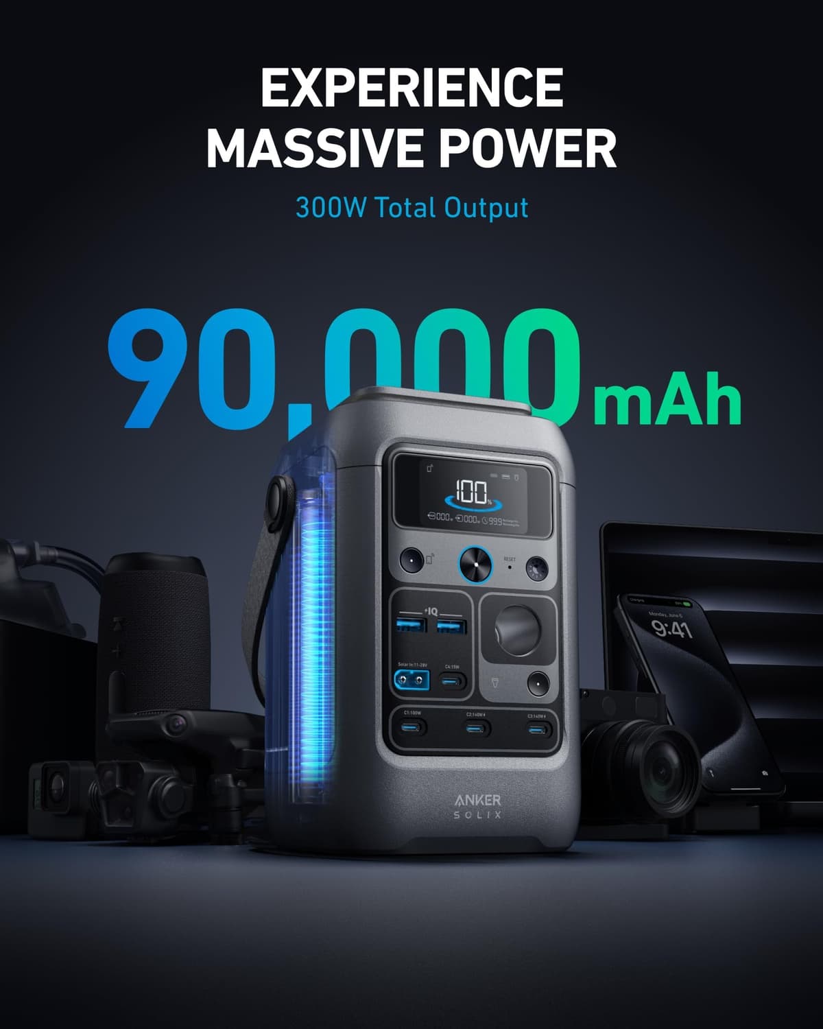 Anker SOLIX C300 DC Portable Power Station & Power Bank, 288Wh LiFePO4 Battery, 300W Solar Generator, for Camping, Outdoors, Travel & Emergency (No Wall Adapter Included) — view 2