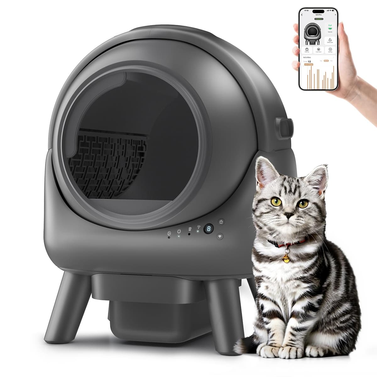Self-Cleaning Litter Box for Multiple Cats, Smart App-Controlled with Health Monitoring, 15-Day Odor-Free Capacity, Safe for Cats up to 18 lbs, B-Grey