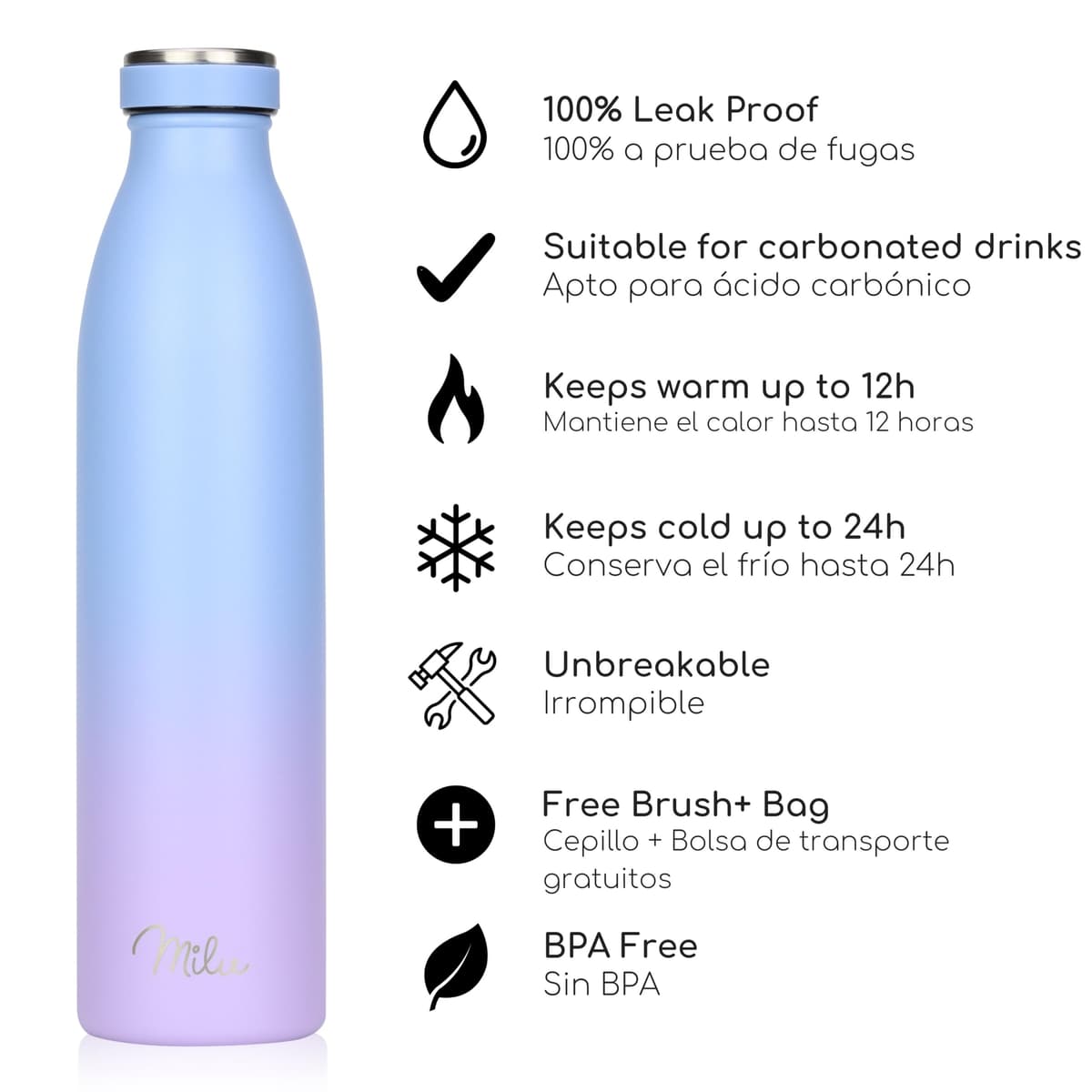Milu Botella de acero inoxidable de 350ml 500ml 750 ml 1 L 1,5 L botella de agua aislada, termo a prueba de fugas, doble pared, apta para ácido carbónico + cepillo de limpieza (Azul Violeta, 350ml) — view 14