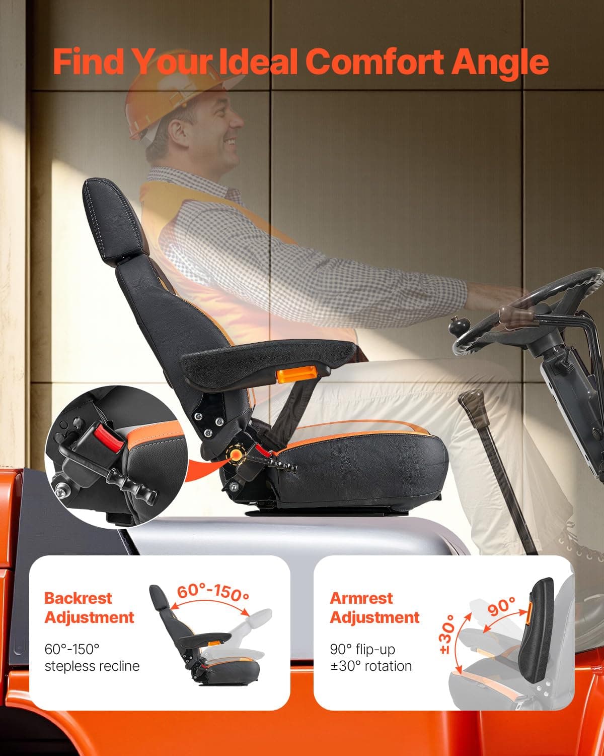 VEVOR Asiento Universal para Carretilla Elevadora 52 x 59 x 82 cm Asiento con Respaldo Ajustable, Reposabrazos, Reposacabezas y Cinturón de Seguridad, Microinterruptor, para Cortadora de Césped — view 5