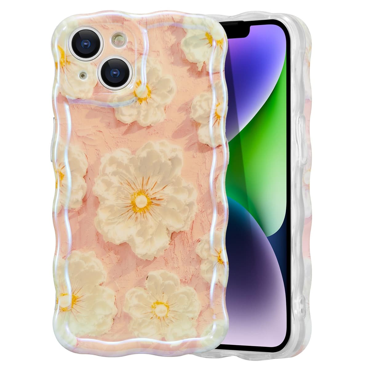 EYZUTAK Case for iPhone 16, Colorful Retro Oil Painting Printed Flower Laser Glossy Pattern Cute Curly Wave Edge Exquisite Phone Cover Stylish Durable TPU Protective Case for Girl Women-Green — view 41