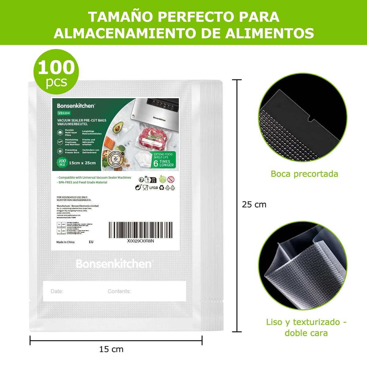 Bonsenkitchen Bolsas de vacío para alimentos 15x25 cm 100 Bolsas para Máquina de Vacío - Bolsas de vacío gofradas para almacenar y cocinar alimentos y hervibles, VB3204 — view 4