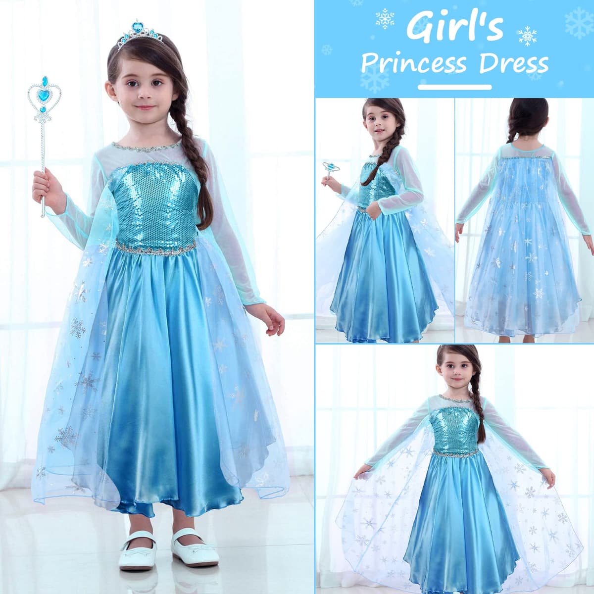 URAQT Vestidos Princesa, Disfraz de Princesa Niña con Accesorios, Traje Princesas Niñas con Capa de Copos de Nieve Brillantes, Disfraz de Halloween para Niña de Cosplay, Cumpleaños, Carnaval — view 7