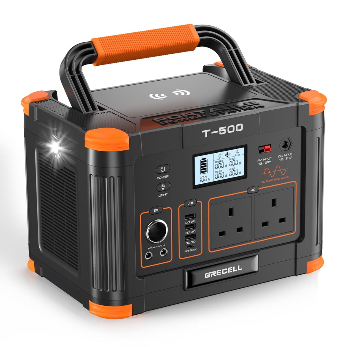 GRECELL Portable Power Station 500W(Peak 1000W), 519Wh Outdoor Solar Generator Backup Battery Pack with 2 230V AC Outlets, 500W 10-Port Powerhouse for RV/Van Camping Road Trip Home Emergency, T-500