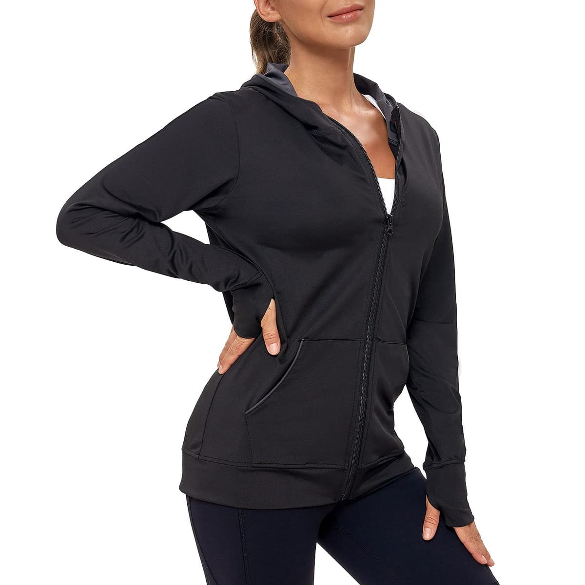 AMZSPORT Chaqueta Deportiva Mujer, Sudadera Capucha Running Cremallera con Bolsillos