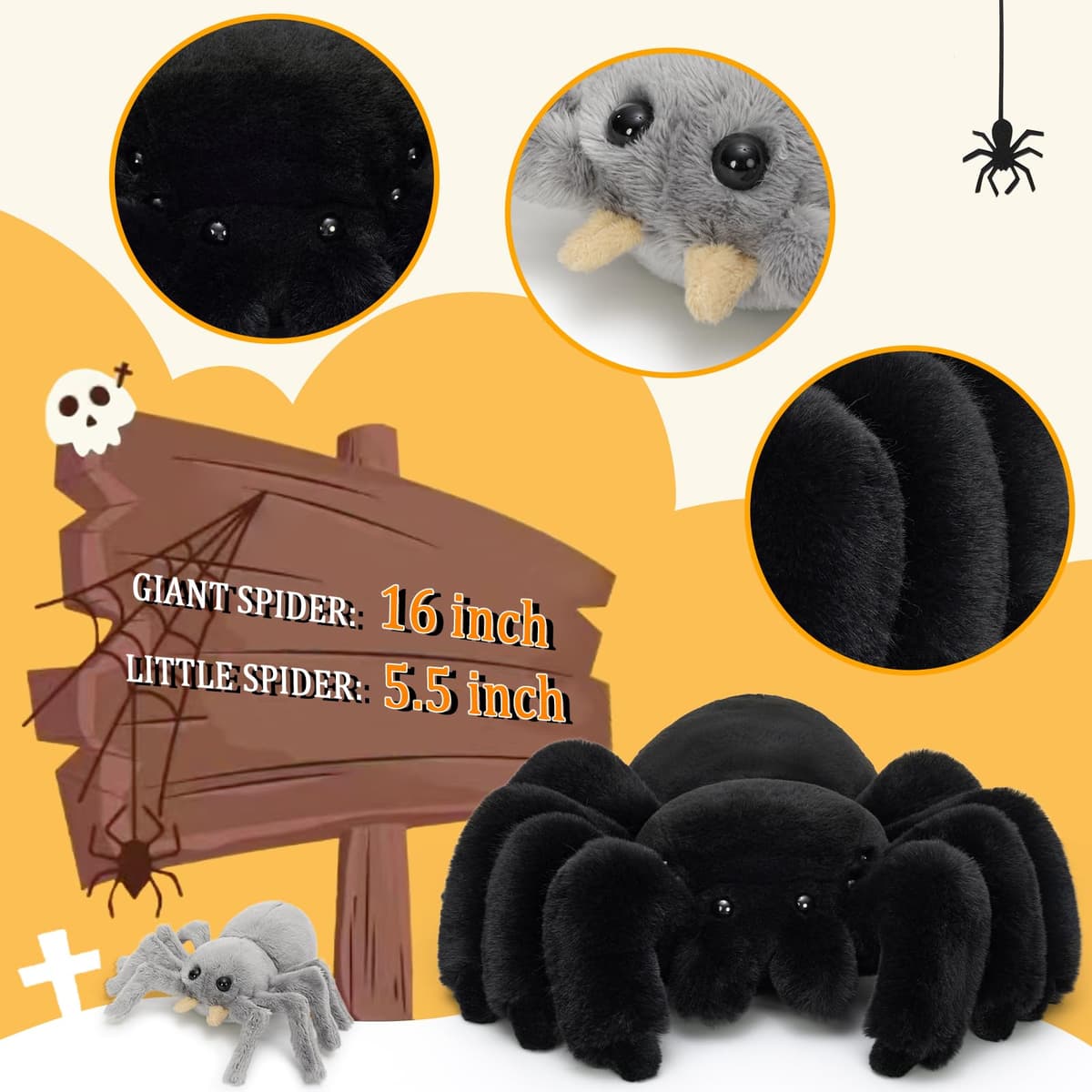 MorisMos Big Spider Teddy Soft Toy, 40cm Large Black Spider with 3 Cuddly Baby Inside, Giant Fluffly Stuffed Animal, Realistic Kawaii Plush Gift for Kids Birthday — view 3