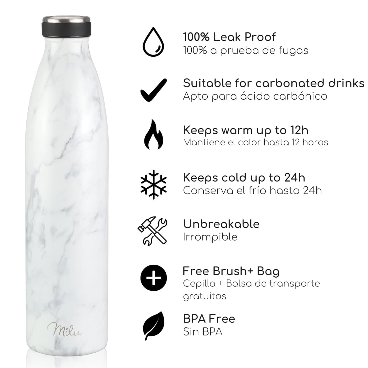 Milu Botella de acero inoxidable de 350ml 500ml 750 ml 1 L 1,5 L botella de agua aislada, termo a prueba de fugas, doble pared, apta para ácido carbónico + cepillo de limpieza (Azul Violeta, 350ml) — view 140