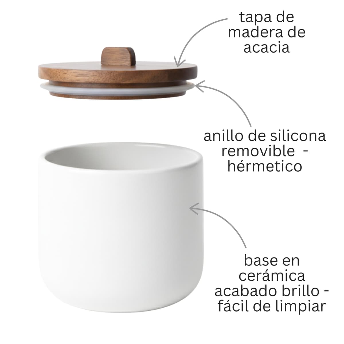 Salero de Cocina de Cerámica CURVE - Bote Hermético con Tapa de Madera de Acacia. Tarro Multiusos para Sal, Azúcar o Especias. Diseño Nórdico Moderno. 11.5 x 12 cm. - Blanco — view 2