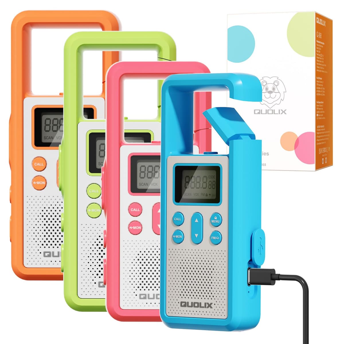 Walkie Talkie Largo Alcance, QUOLIX 4pcs Profesional USB Recargable con Batería Incorporada 8 Canales Radio - Fácil Emparejamiento Alerta SOS Activado por Voz VOX LED Linternas para Adultos Niños