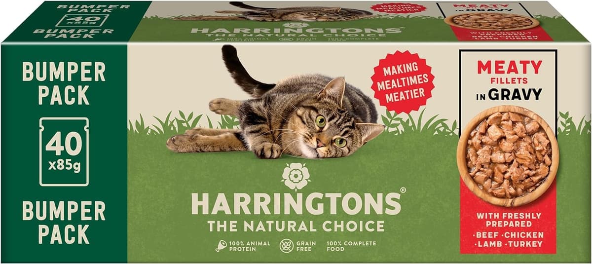 Harringtons Complete Wet Pouch Grain Free Hypoallergenic Adult Cat Food Meaty in Gravy Pack 40x85g - Beef, Chicken, Lamb & Turkey - Making Mealtimes Meatier — view 2