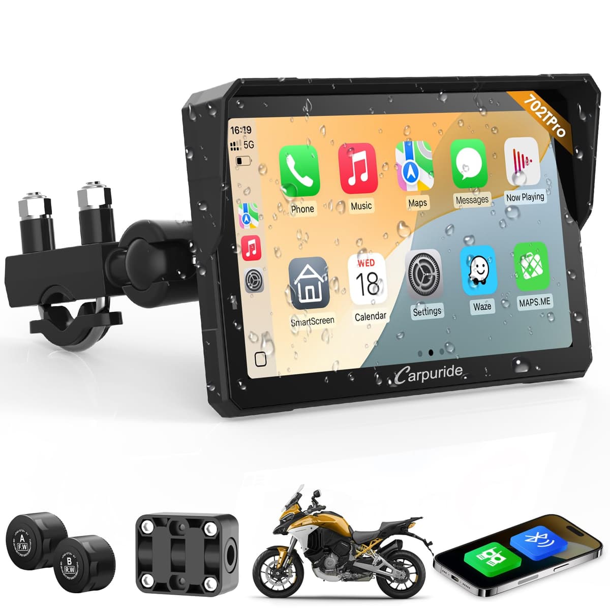 Carpuride W702T Pro Motocicleta Carplay Pantalla con TPMS Sistema, Inalámbrico CarPlay y Android Auto, 7" Impermeable Táctilpantalla, Dual Bluetooth, Intercomunicador Función, Nav, Brújula, Barómetro.