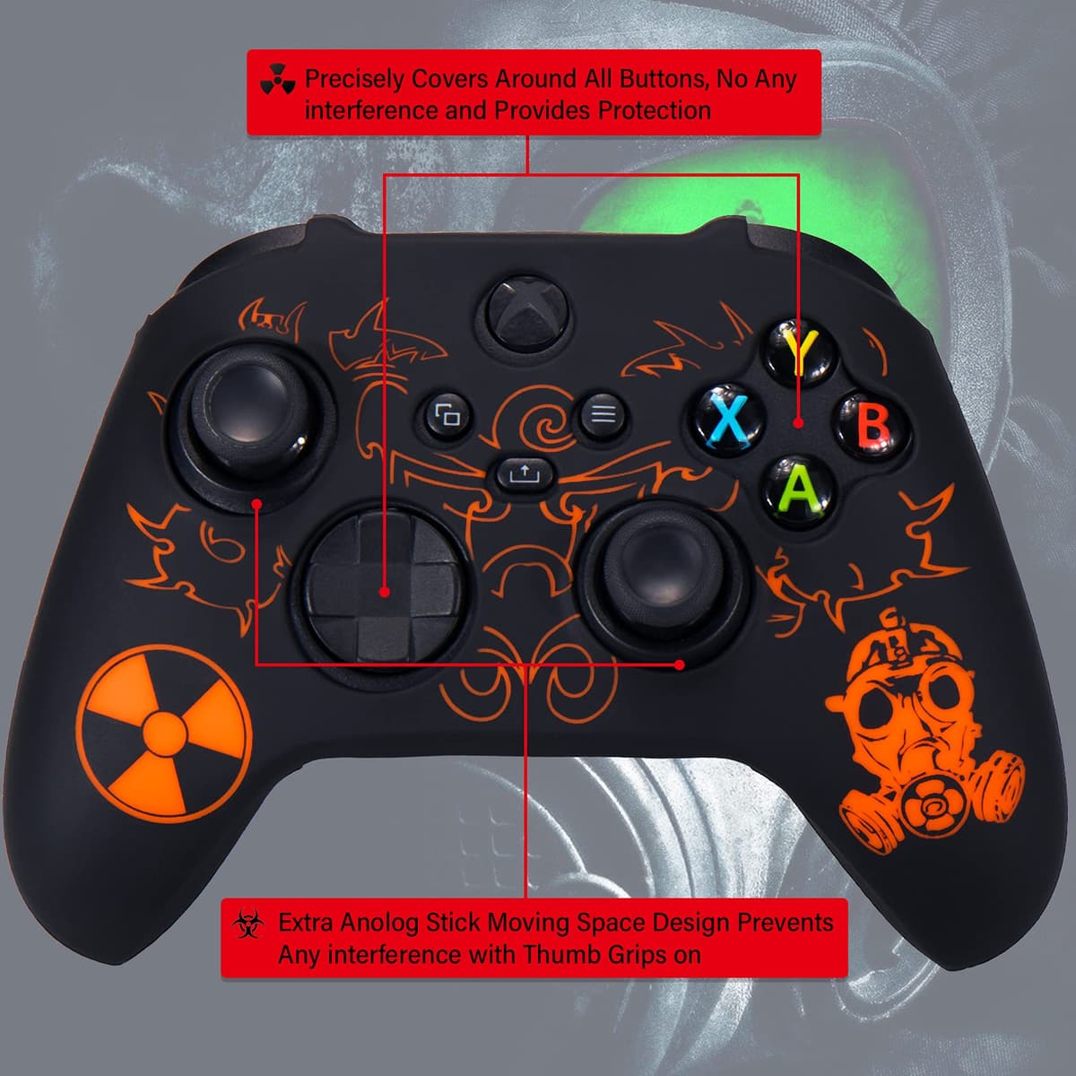 YoRHa Silicone Rubber Back Dots Carving Customizing Skin Cover for Xbox Series X/S Controller x 1(Radiation Orange) with Pro Thumb Grips x 10 — view 2