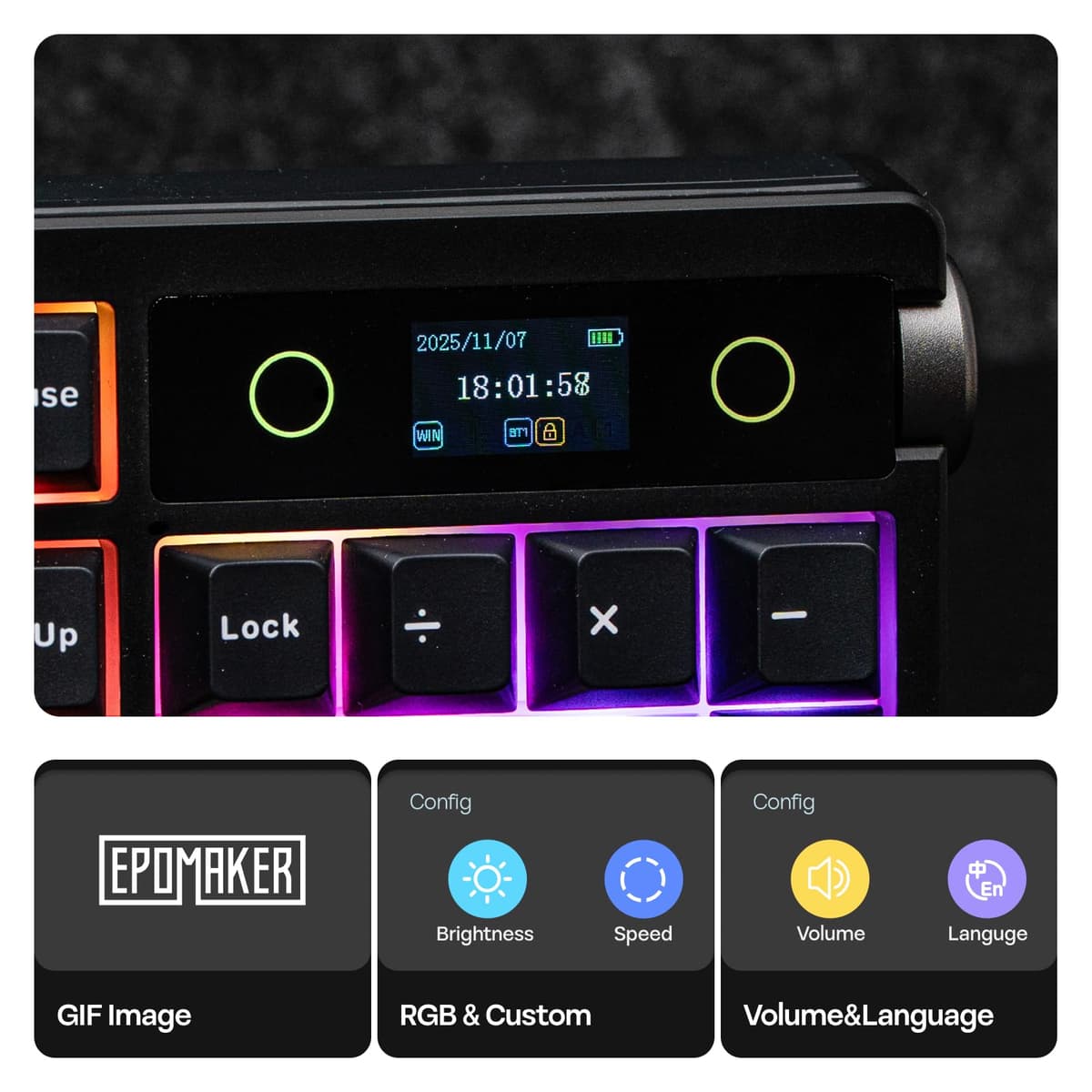 EPOMAKER TH108 Pro Teclado Mecánico Inalámbrico para Juegos de Tamaño Completo con Pantalla y Perilla, 10000mAh, Gasket Cremosa, Hot Swap, Controlador Personalizado, RGB (Negro, Sea Salt Silent) — view 3