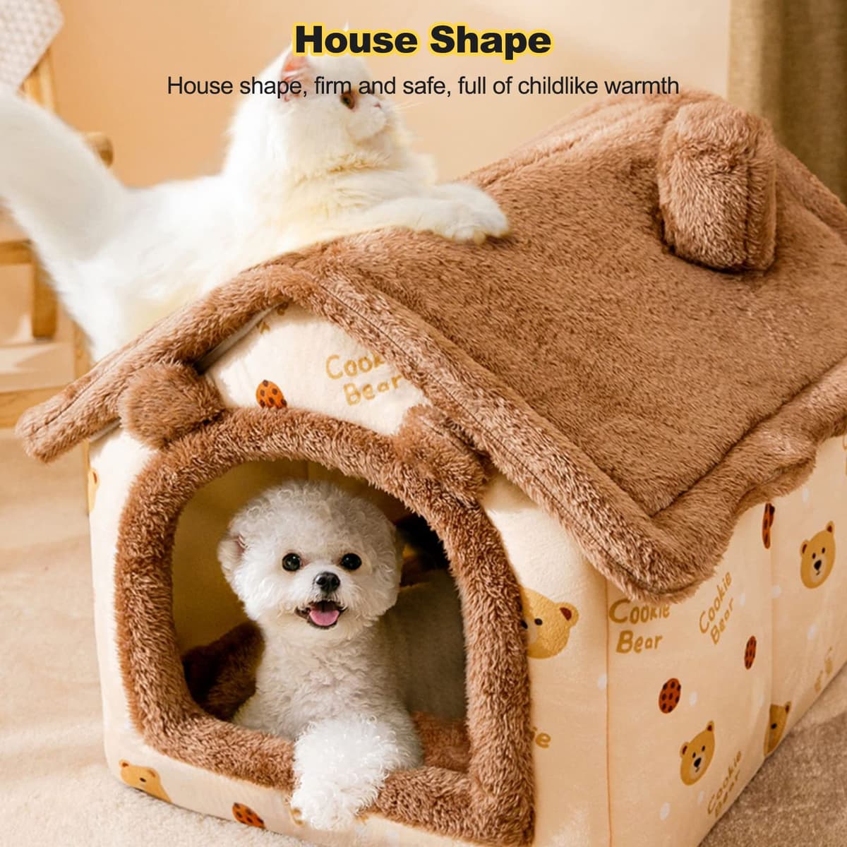 Galatée Cama De Cueva De Gato, Cama Lavable para Perros, Iglú De Felpa Cálida y Acogedora para Gatos, Casa para Mascotas Plegable, Cama para Mascotas con Fondo Antideslizante(S, Oso Pardo Oscuro) — view 3