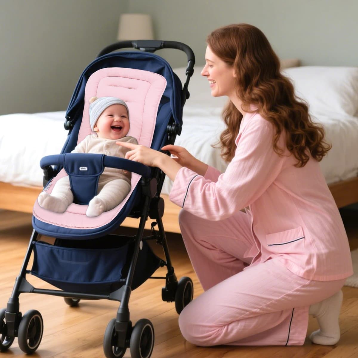 LAT Universal Pram Liner, Baby Pushchair Seat Liners, Cotton Double-Sided Use Baby Stroller Cushion Pad, Stroller Seat Pad for Toddler Infant 78x34cm (Beige+Pink) — view 5