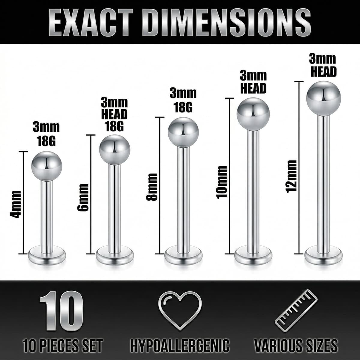 MUNZE 10 Unidades Piercing Tragus Hombre Plata 16G - Acero Quirúrgico Labret Helix Anillo 4-12Mm Bolas 3Mm — view 5