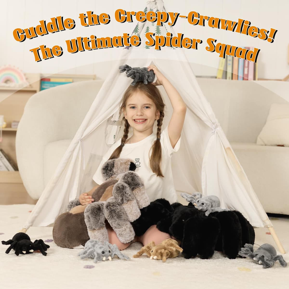 MorisMos Big Spider Teddy Soft Toy, 40cm Large Black Spider with 3 Cuddly Baby Inside, Giant Fluffly Stuffed Animal, Realistic Kawaii Plush Gift for Kids Birthday — view 5