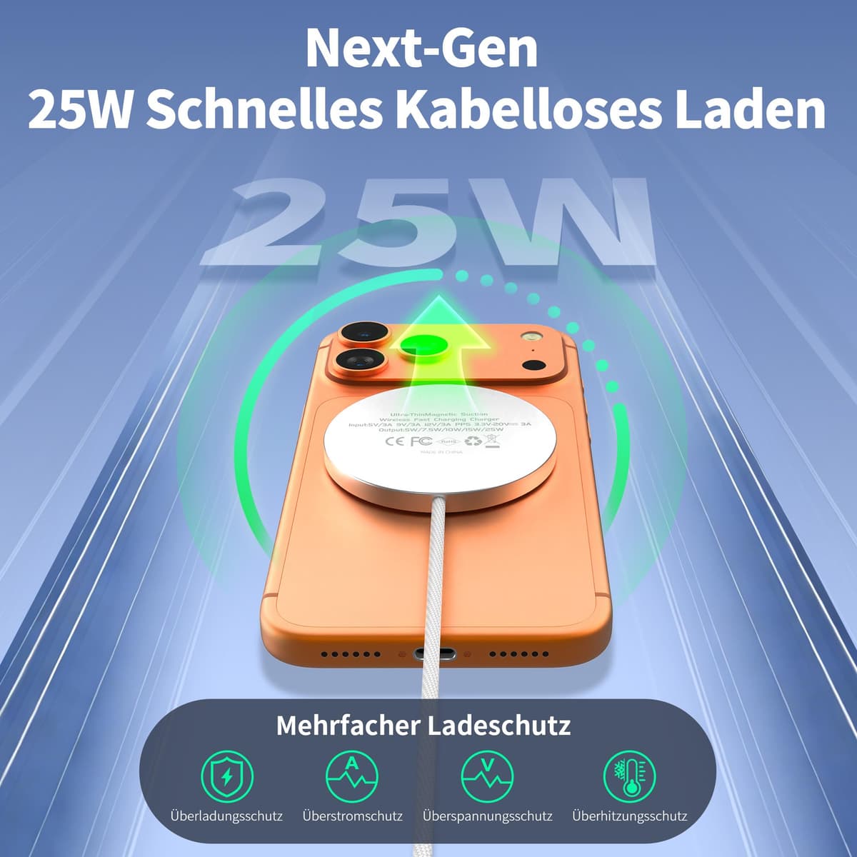 25W Wireless Charger for MagSafe, Ultra-Thin Magnetic Wireless Charger [Only for iPhone 17/16/15/14/13/12/AirPods] with Fast Charging, Strong Magnetic, Heat-Control Design, 1.2m Braided Cable — view 3