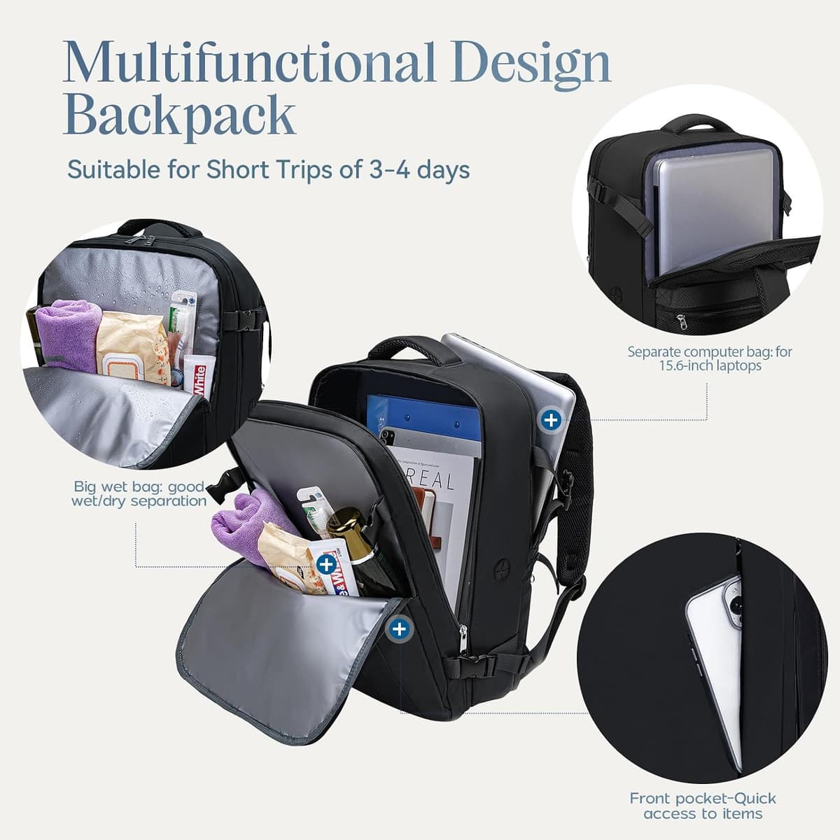 for Easyjet Cabin Bag 45x36x20, Travel Backpack with TSA Approved Clear Bag, Carry-ons Cabin Backpack for Travelling Underseat Cabin Bag Laptop Backpacks Luggage Set Black 45 x 36 x 20 cm — view 5