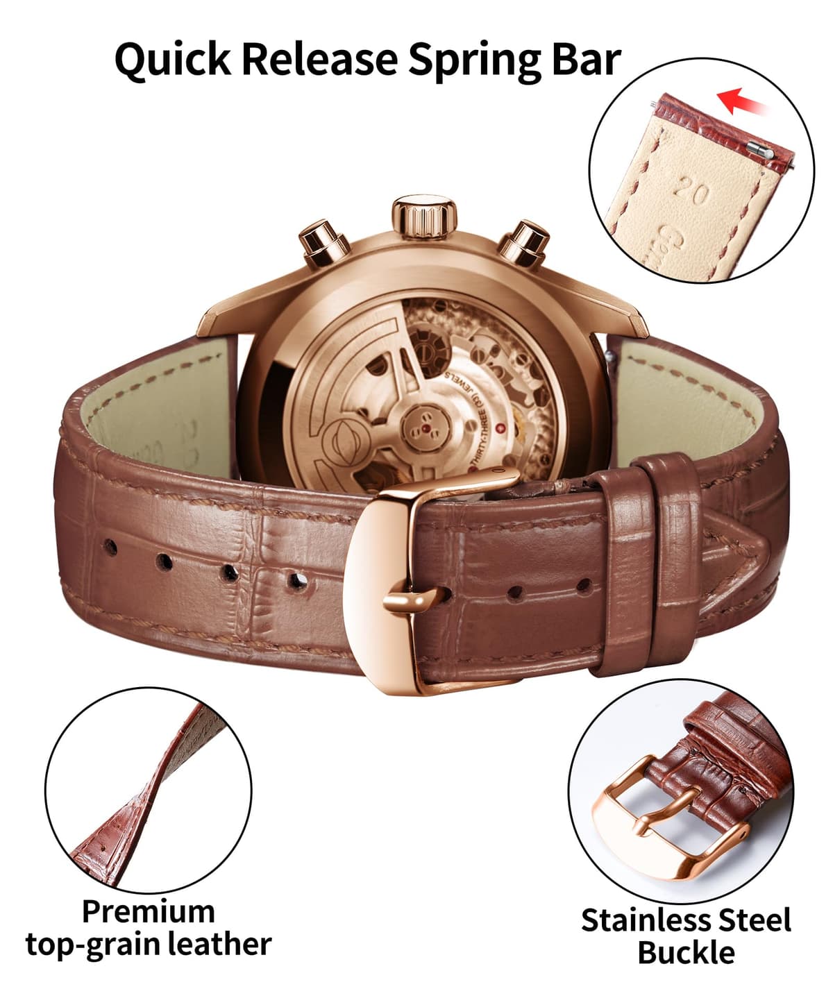 BINLUN Quick Release Leather Watch Straps Replacement Watch Bands Smart Watch Strap Crocodile Pattern in 10 Colors 13 Sizes with Silver/Gold/Rose-Gold Buckle for Men Women(10mm-24mm) — view 19