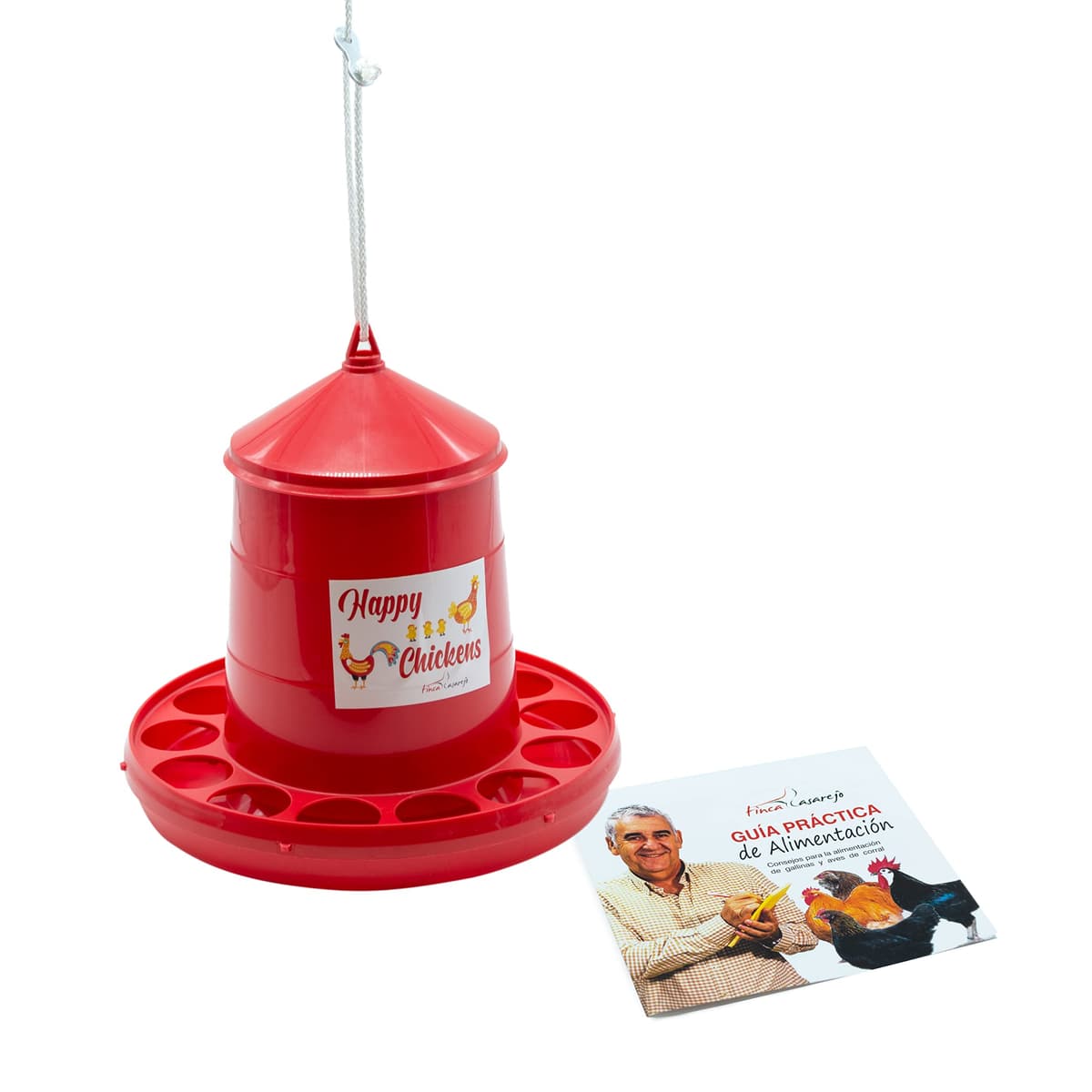 FINCA CASAREJO Comedero para Gallinas con Sistema Antidespilfarro - Tolva Happy Chickens 12 kg - Plástico Resistente para conservar el alimento - Incluye Guía Práctica de Alimentación