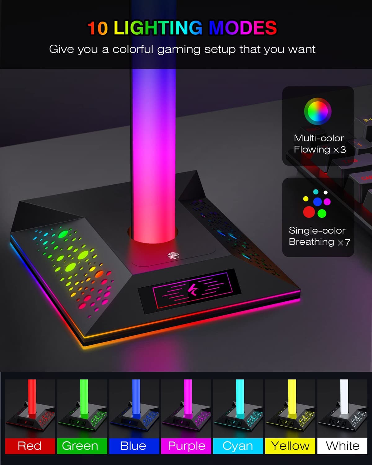 Hcman Headphone Stand Gaming Headset Holder RGB PC Gaming Accessories for Desk, Cool LED Headset Stand with 2 USB Charger for Gamer — view 2