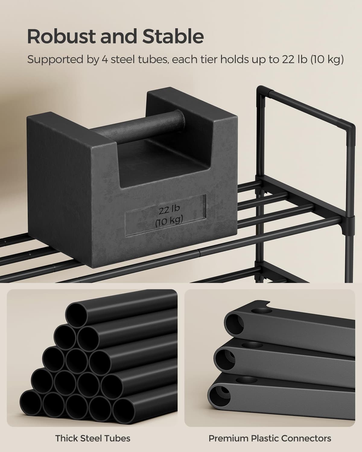 SONGMICS 3-Tier Shoe Rack, Shoe Storage Organiser, Metal Storage Rack, Upright or Upside Down, Fits 16 to 20 Pairs, Stackable, for Hallway, 30 x 92 x 55 cm, Black LSA303B02 — view 6