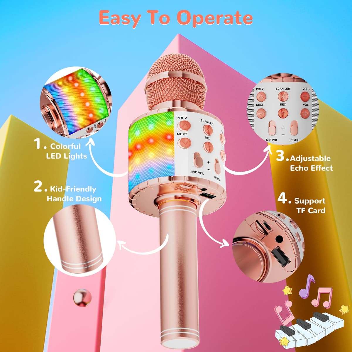 Ankuka Micrófono Karaoke Bluetooth Micrófono Inalámbrico para Niña con Luces LED Regalo Juguetes para Niños, Cambiador de Voz, Compatible con Android, iOS, PC Oro Rosa — view 3
