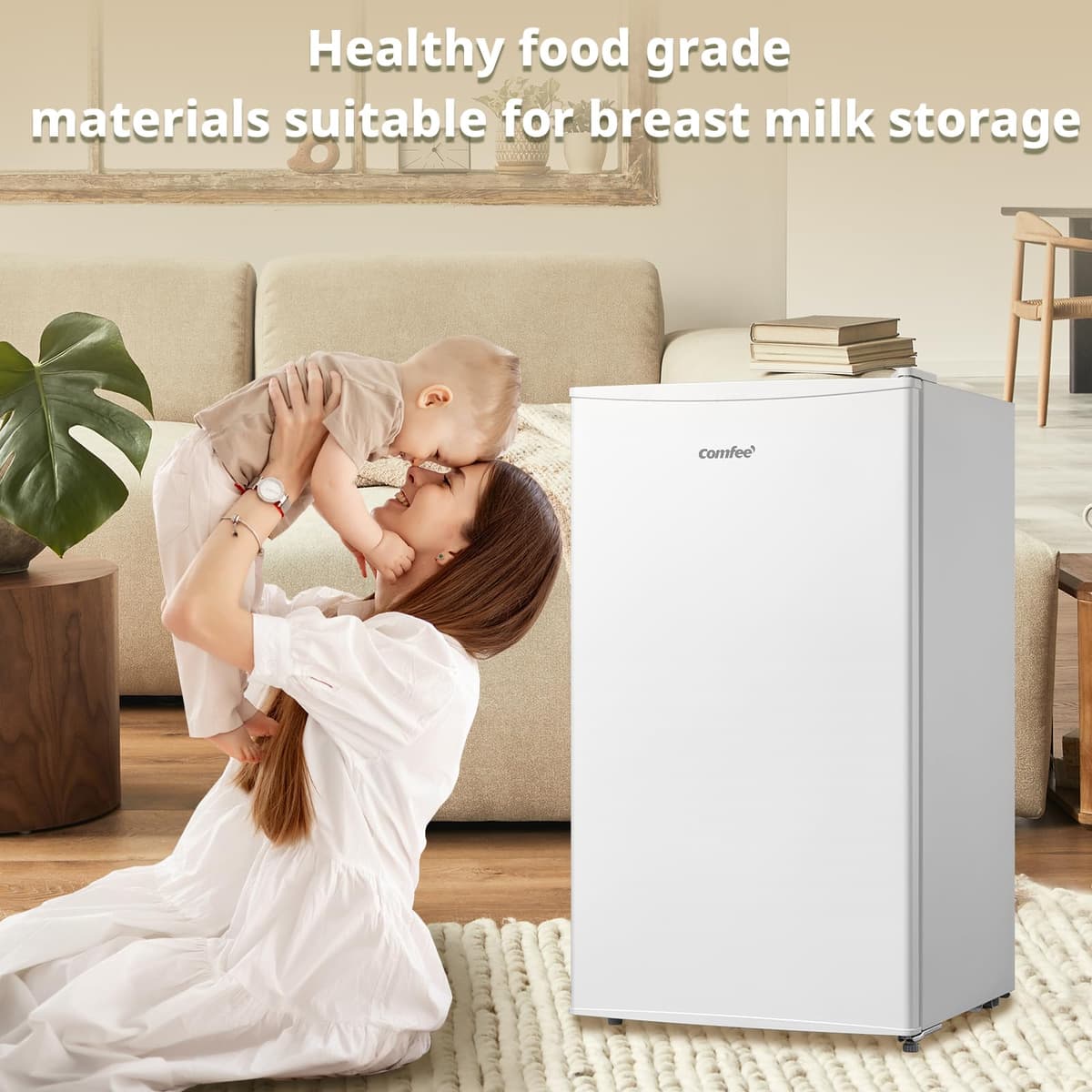 COMFEE' RCU60WH2(E) 60L Freestanding Under Counter Upright Freezer, 4-Star Freezer up to -24°C, 3 Storage Compartmen, Adjustable Thermostat, Reversible Door, White — view 5