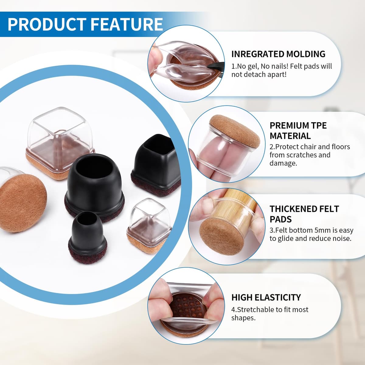 Ezprotekt Protectores de Suelo Transparentes para Patas de Silla 20-28mm, 16 Tapones de Silicona con Fieltro Envuelto, Fundas de Silicona Redondo — view 2