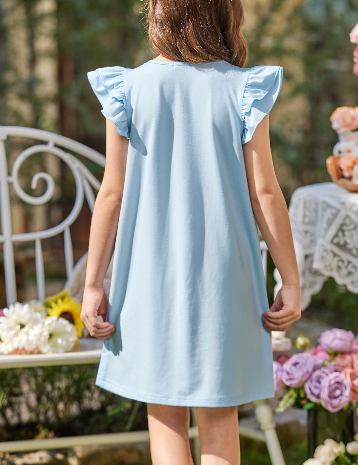 Arshiner Camisón para Niña con Mangas Volantes Vestido de Dormir para Niñas Verano Pijama de Manga Corta Cuello Redondo 5-14 Años — view 3