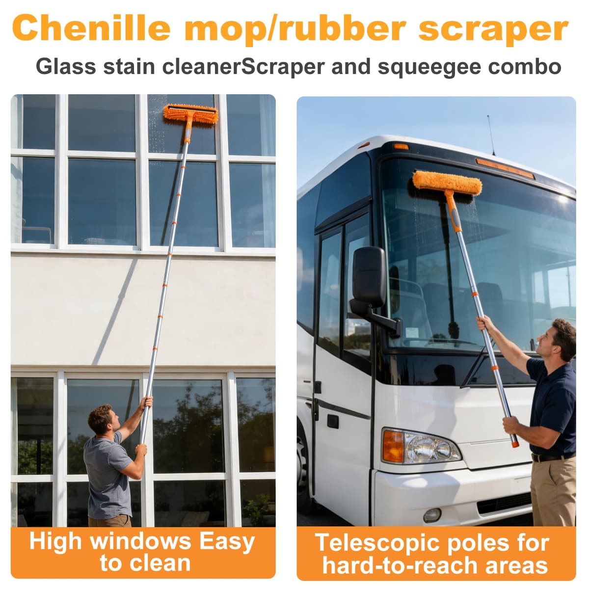 HA Bin Limpiacristales Profesional con Mango Extensible (400 CM), 2 en 1 Rasqueta de Silicona y Paño de Microfibra, Kit Limpiador de Cristales para Ventanas, Espejos, Coche, Ducha – Sin Rayas — view 5