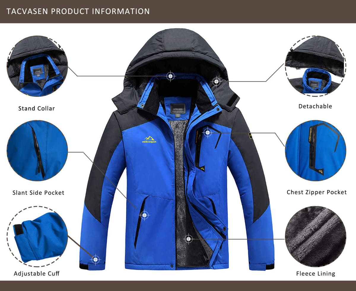 KEFITEVD Hombre Impermeables Lana Chaquetas Impermeables Esquí Cálidos Invierno Abrigos Térmicos Exteriores Abrigos con Capucha Desmontable — view 8