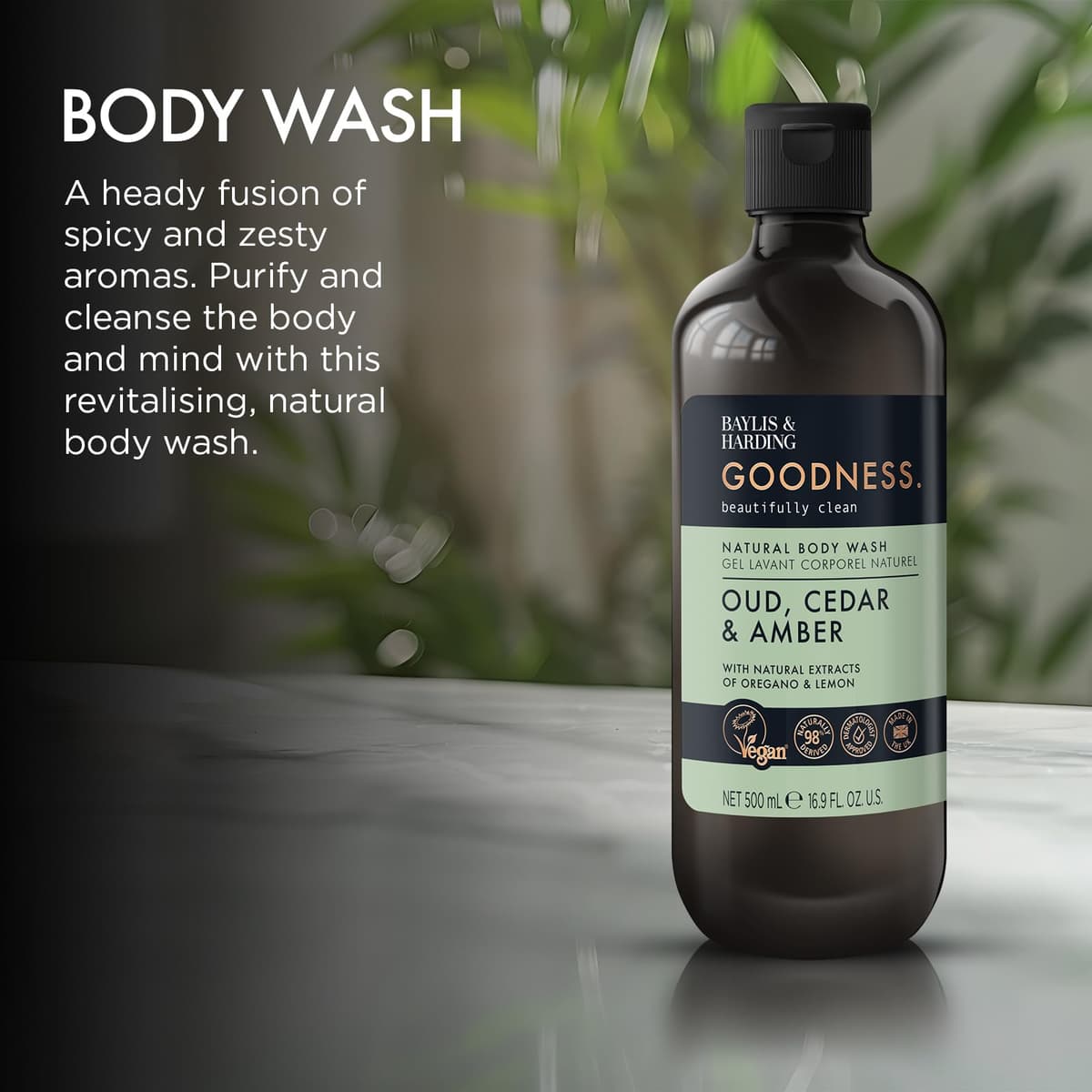 Baylis & Harding Goodness Oud, Cedar and Amber Body Wash, 500 ml (Pack of 3) - Vegan Friendly — view 4