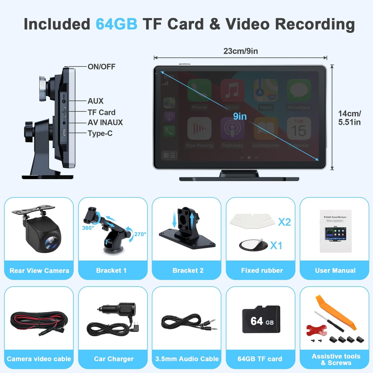 Wireless Car Stereo,9 Inch CarPlay Screen for Apple Car Play & Android Auto,Portable Touch Wireless Car Play Screen Mirror Link Music Video Player, with 4K Front+Rear 1080P Dual Camera Dash Cam — view 3
