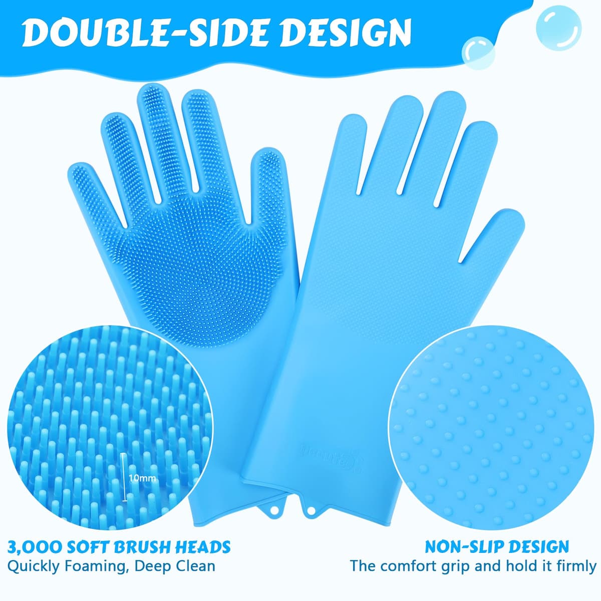 Pecute Pet Grooming Gloves - Heat Resistant Silicone Gloves with High-Density Teeth, Enhanced Five Finger Design for Bathing and Massaging Dogs and Cats, Blue — view 3