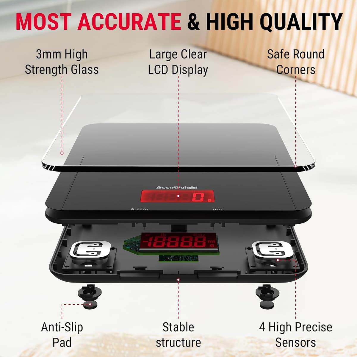 ACCUWEIGHT 201 Digital Kitchen Scales with Tempered Glass Platform (Batteries included), Electronic Weighing Food Scale with Backlit LCD, Multifunction for Office School Home Baking Cooking, 5kg/11lb — view 2