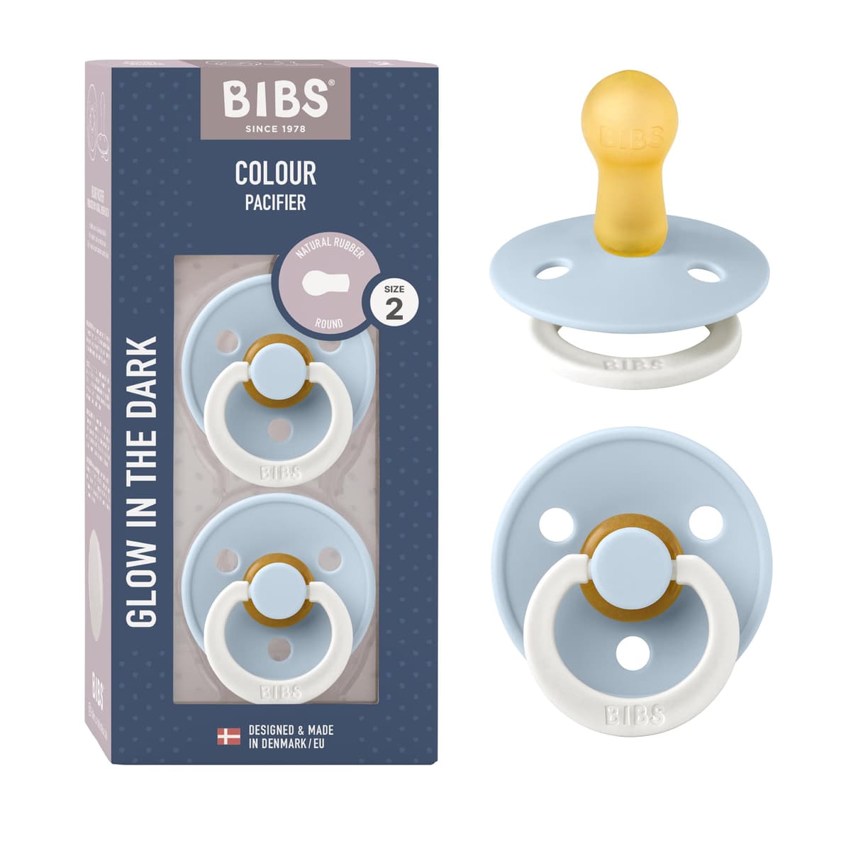BIBS Colour Soother 2-Pack, BPA Free Dummy Pacifier, Round Nipple. Natural Rubber Latex, Size 2 (6-18 Months), Sky Blue/Steel Blue — view 90
