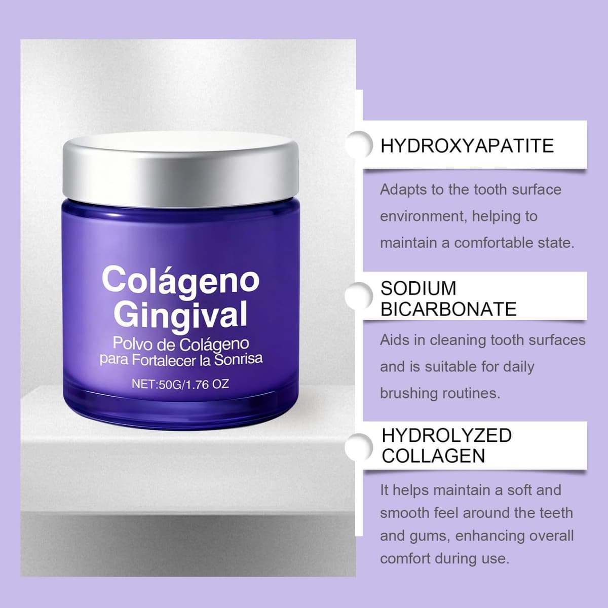 Polvo de colágeno para dientes, 50 g, polvo para el cuidado bucal con colágeno e hidroxiapatita, polvo dental protector de encías y esmalte dental para uso diario (1) — view 5