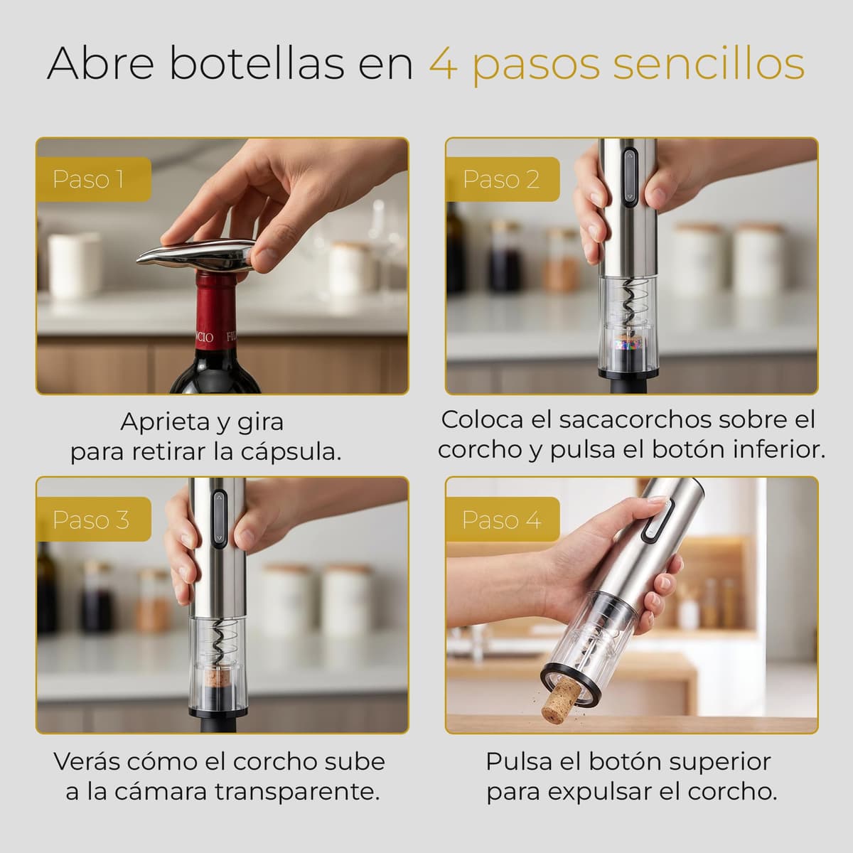 Kuky Cuisine Sacacorchos Eléctrico Recargable para Vino con Cortacápsulas, Tapón de Vacío y Anillo Antigoteo, Set Abridor en Caja Regalo — view 3