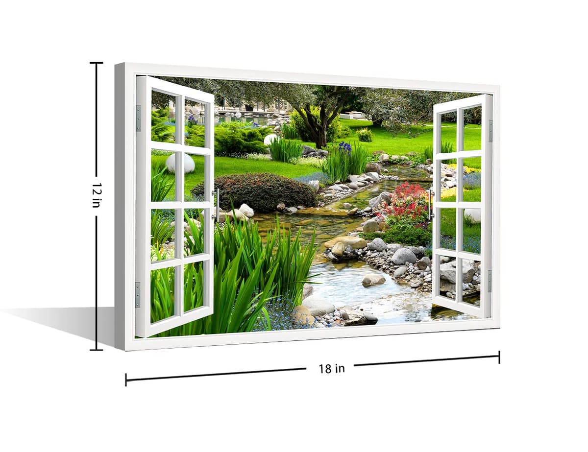 Canvas Nature Art Window View Decor for Home Clear Spring and Green Grass Out of The Open Window Creative Wall Hanging Prints for Office Home Kitchen Decorations Framed Ready to Hang (18"W x 12"H) — view 2