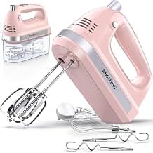 BAIGELONG Hand Electric Mixer, 300W Ultra Power Food Kitchen Mixer with 5 Self-Control Speeds + Turbo Boost, 5 Stainless Steel Attachments Handheld Blender for Baking, PINK