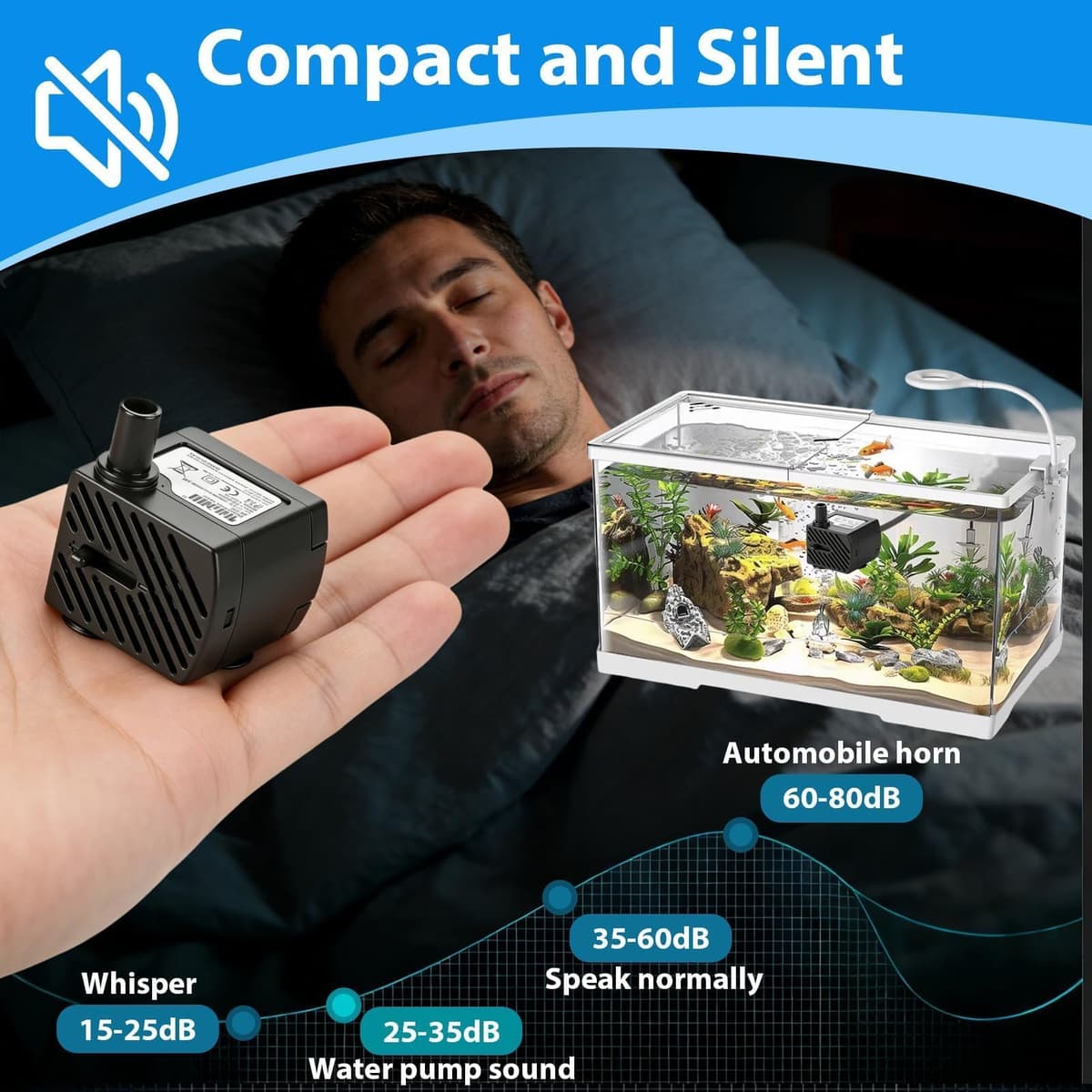 2 Piezas Mini Bomba de Agua Sumergible 3W 180L/H, Bomba Acuario Ultrasilenciosa con Caudal Ajustable y Ventosas, Motor para Fuente de Agua Gatos, Peceras, Estanques y Jardín — view 3