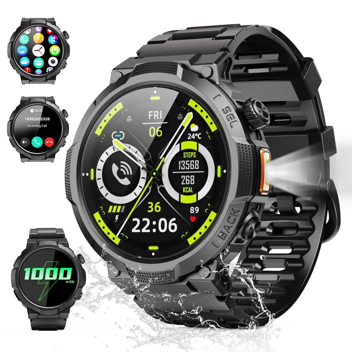 Smart Watches for Men (Answer/Make Call), 1.53" HD Military Smartwatch, 50+ Days Extra-Long Battery Life Fitness Watch , Flashlight/110+Sports/Heart Rate/Sleep Monitor/IP68 Waterproof Android iOS