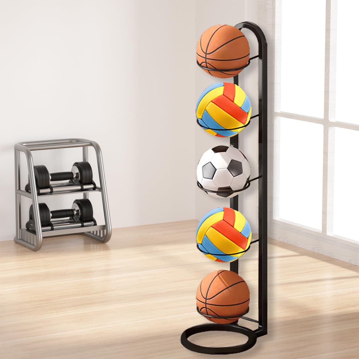 Estantería de 5 niveles de almacenamiento para pelotas de baloncesto, soporte extraíble para exhibición de baloncesto, fútbol, voleibol, rugby — view 4
