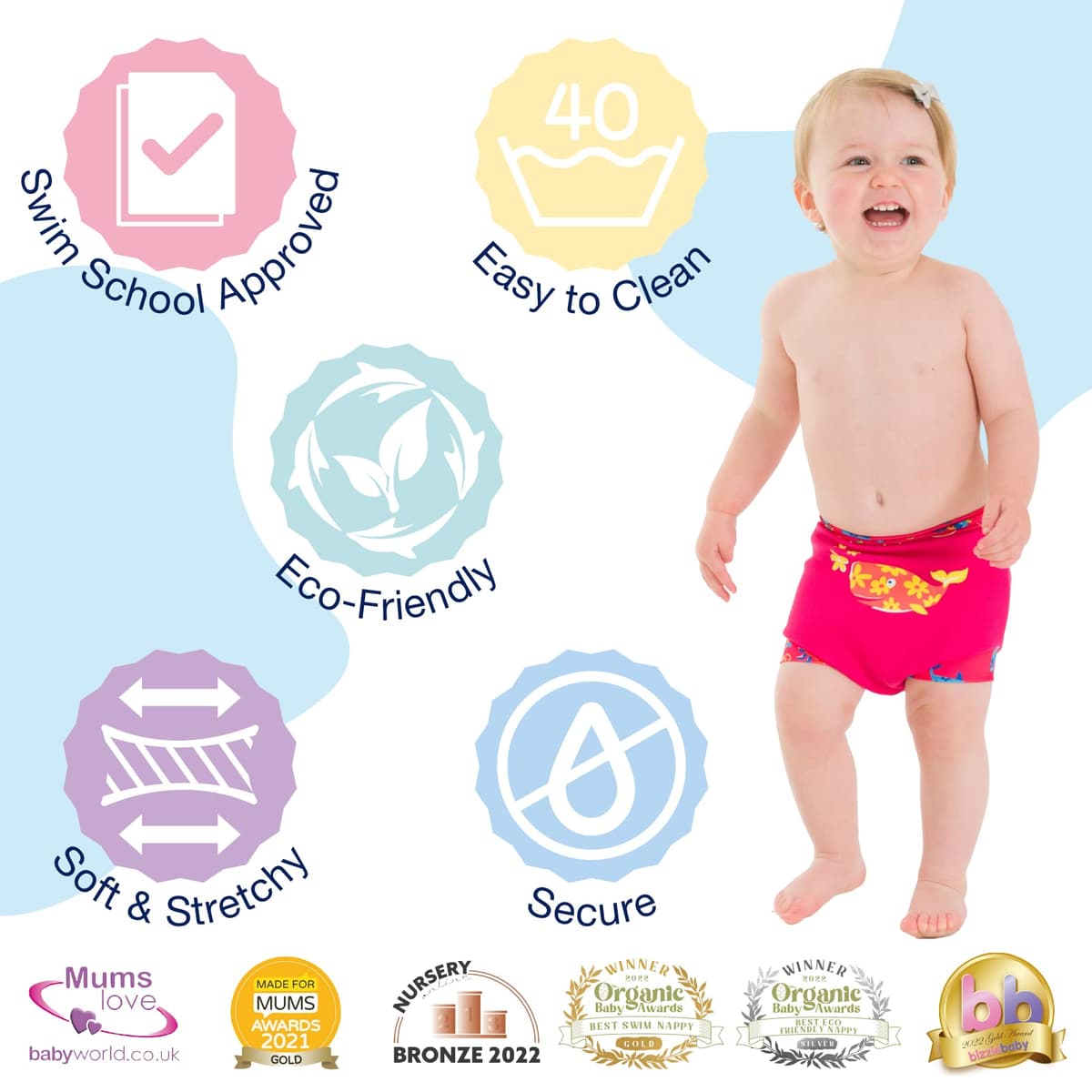 Konfidence Splashy Nappy – Reusable Eco-Friendly Swim Nappy Cover Made Using Recycled Plastics (3–36mths) Leak Proof Design - Machine Washable (Splashy Strawberry, 24-30 Months) — view 3